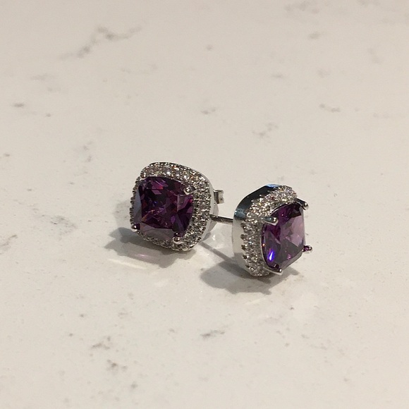 925 Silver Amethyst & Sapphire Halo Cut Earrings - Picture 11 of 12
